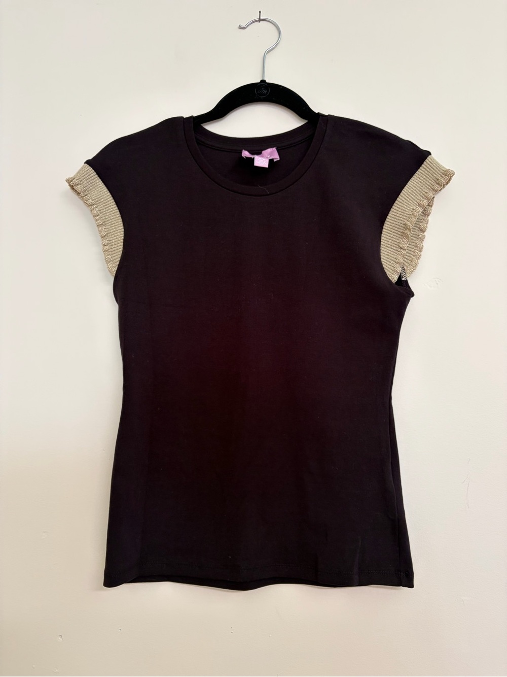 Muse Black Tee with Ribbed Gold Cap Sleeves